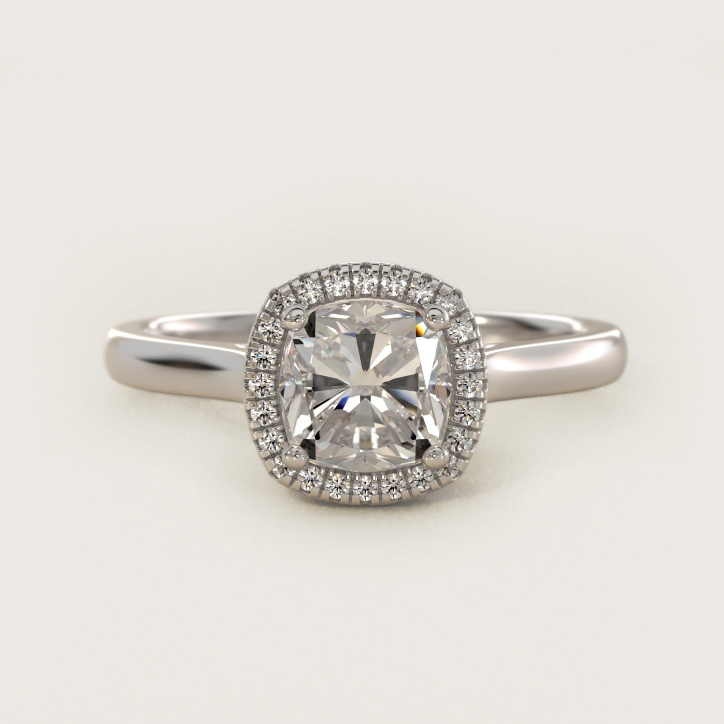 Plain Shank Floating Halo Engagement Ring in Platinum - Cushion Center