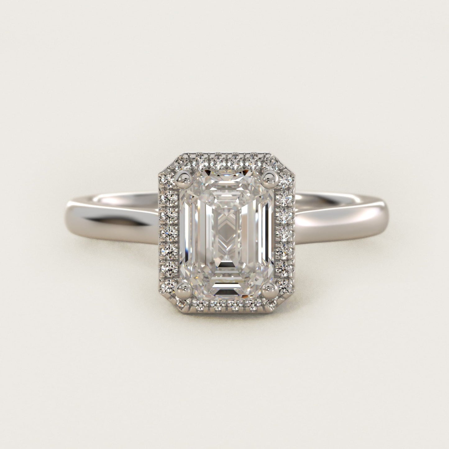 Plain Shank Floating Halo Engagement Ring in 18k White Gold - Emerald Center