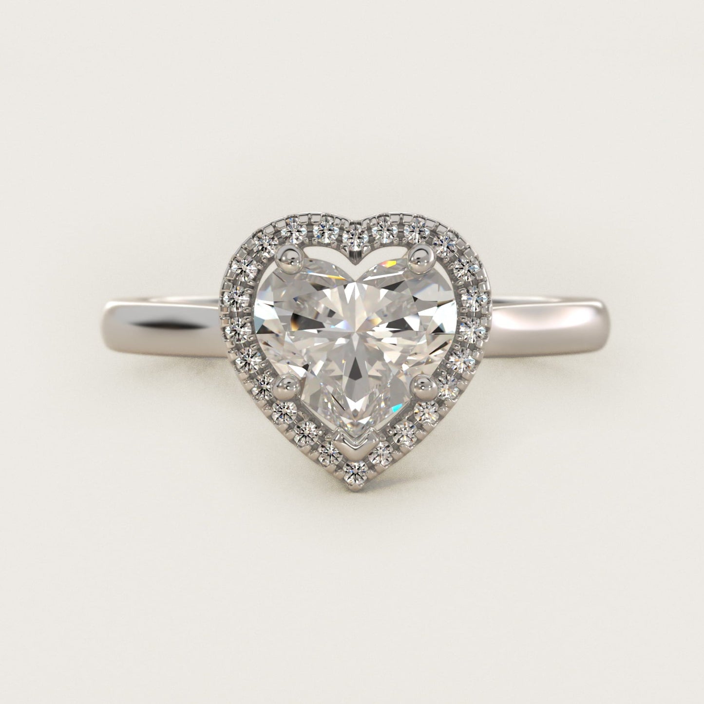 Plain Shank Floating Halo Engagement Ring in 18k White Gold - Heart Center
