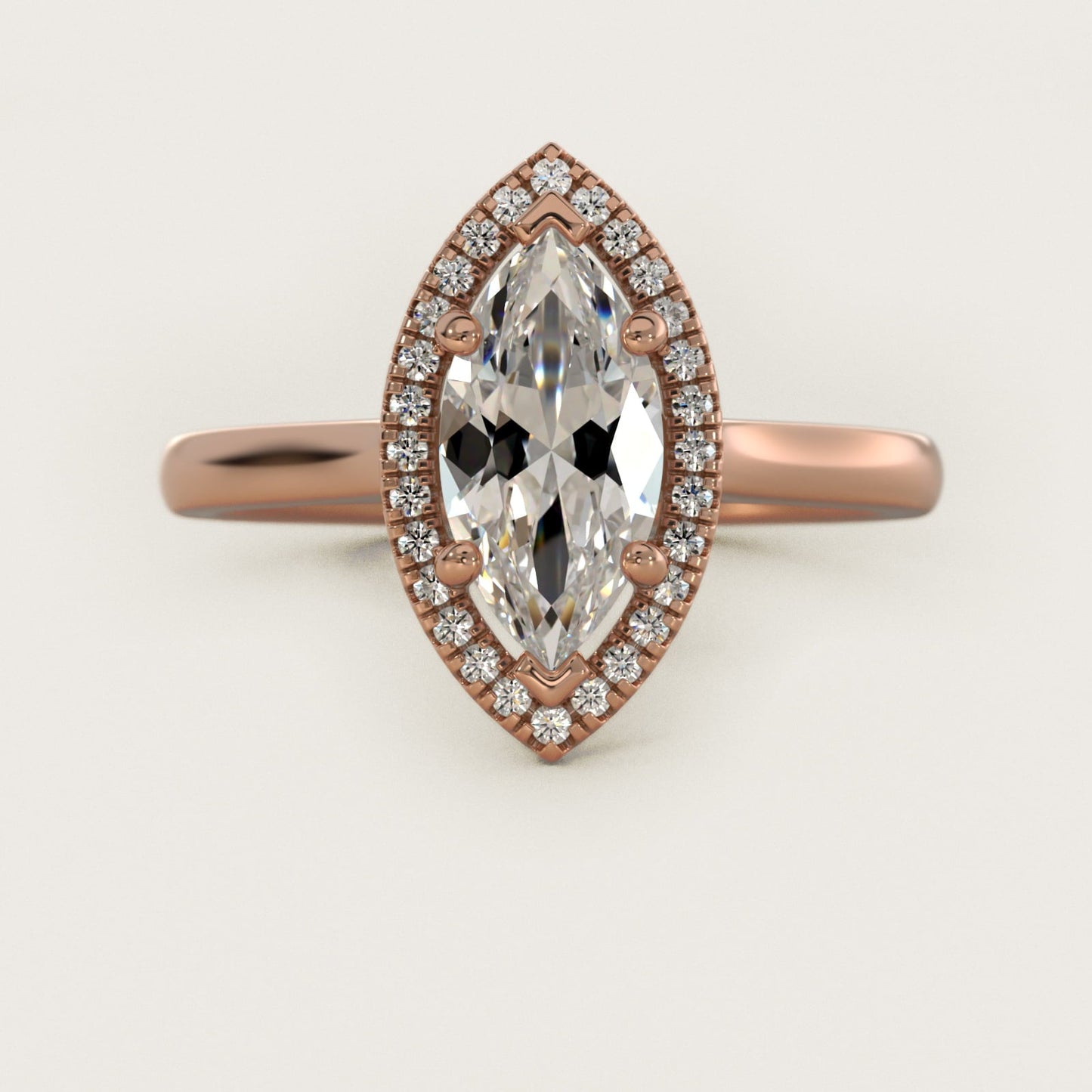 Plain Shank Floating Halo Engagement Ring in 18k Rose Gold - Marquise Center