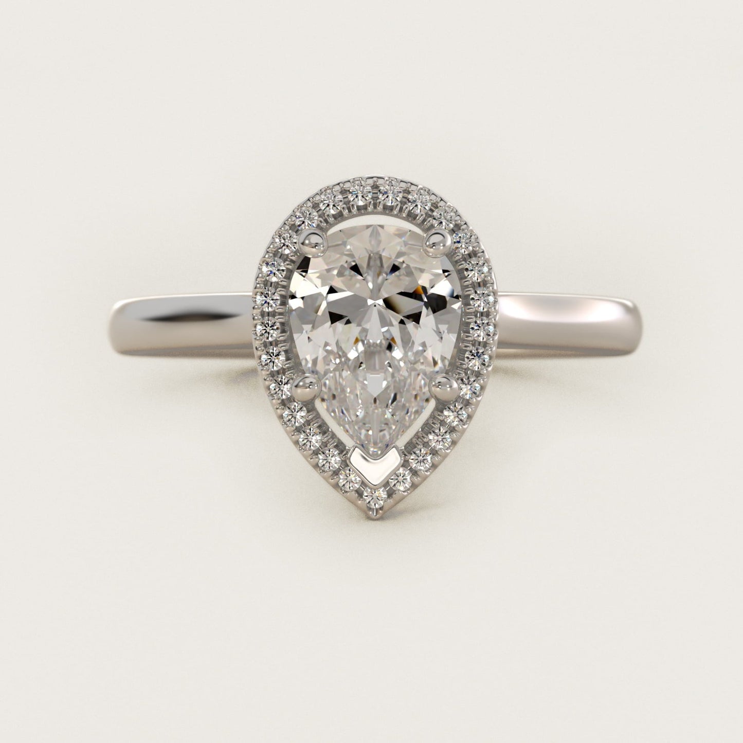 Plain Shank Floating Halo Engagement Ring in 18k White Gold - Pear Center
