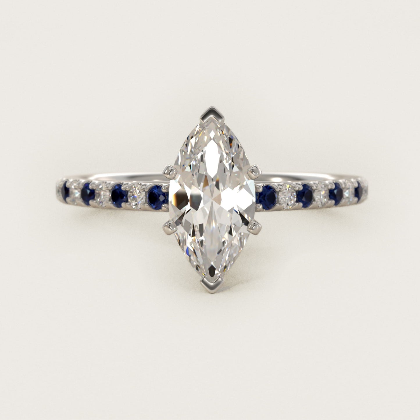 Riviera MicropavŽ Sapphire and Diamond Engagement Ring in 18k White Gold - Marquise Center