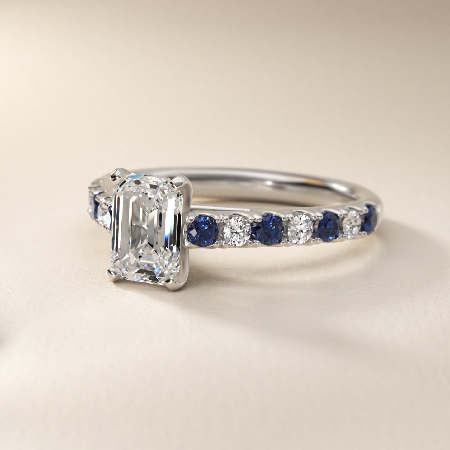 Riviera PavŽ Sapphire and Diamond Engagement Ring in 14k White Gold - Emerald Center