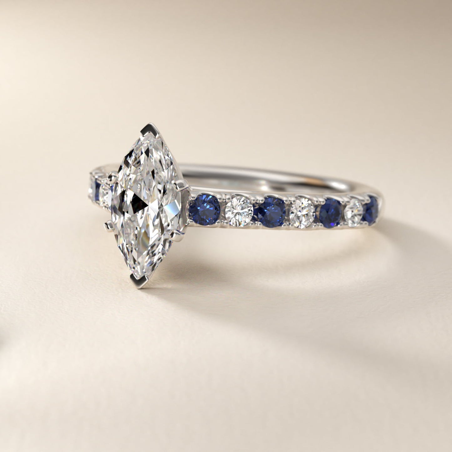 Riviera PavŽ Sapphire and Diamond Engagement Ring in 14k White Gold - Marquise Center