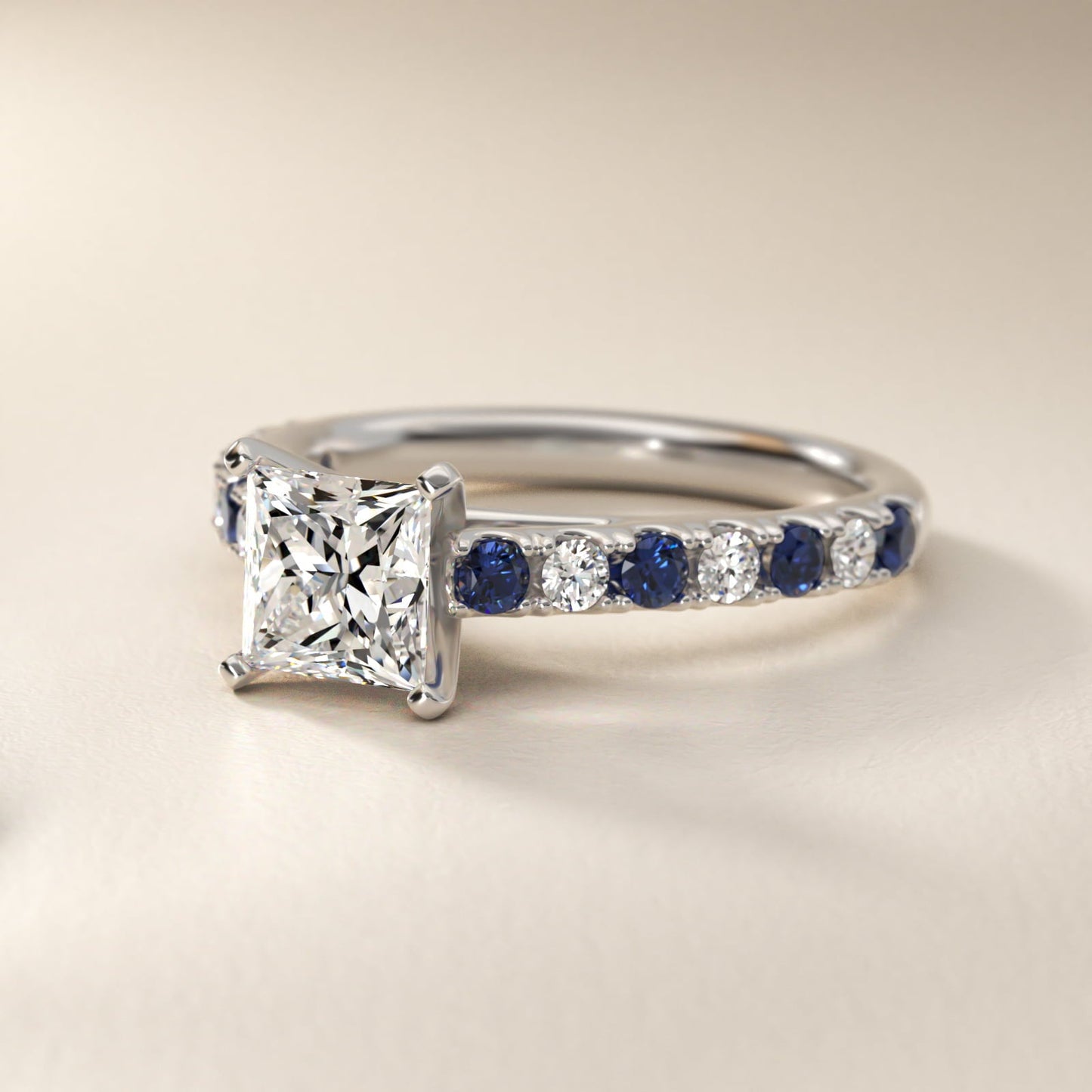 Riviera Pav? Sapphire and Diamond Engagement Ring in 18k White Gold - Princess Center