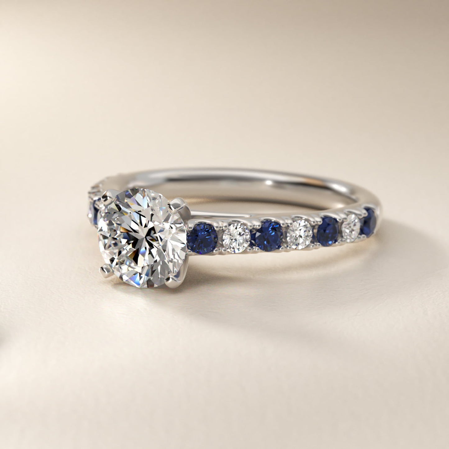 Riviera PavŽ Sapphire and Diamond Engagement Ring in 14k White Gold - Round Center