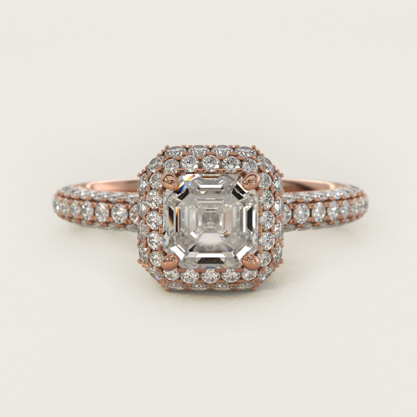 Rollover Halo Diamond Basket and PavŽ Shank Engagement Ring in 14k Rose Gold (7/8 ct. tw.) - Asscher Center