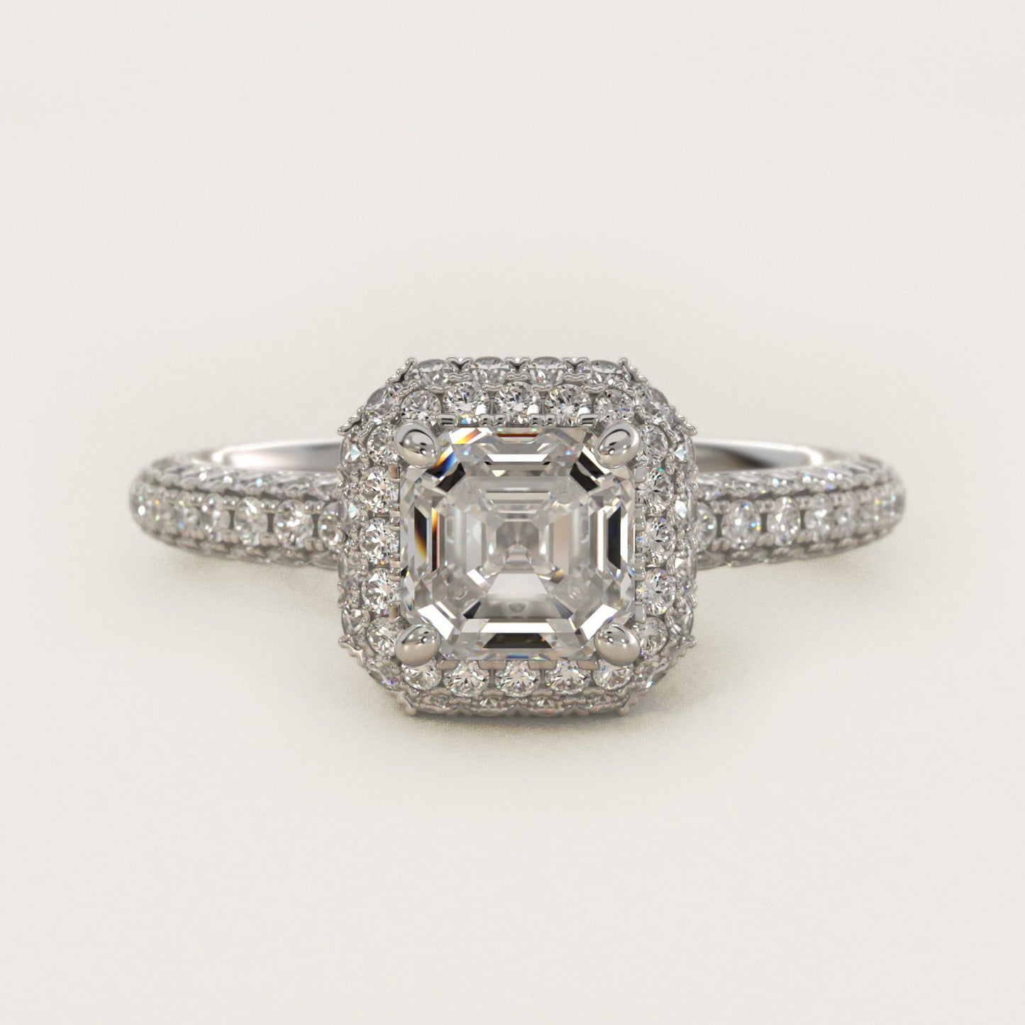 Rollover Halo Diamond Basket and Pav? Shank Engagement Ring in 18k White Gold (7/8 ct. tw.) - Asscher Center