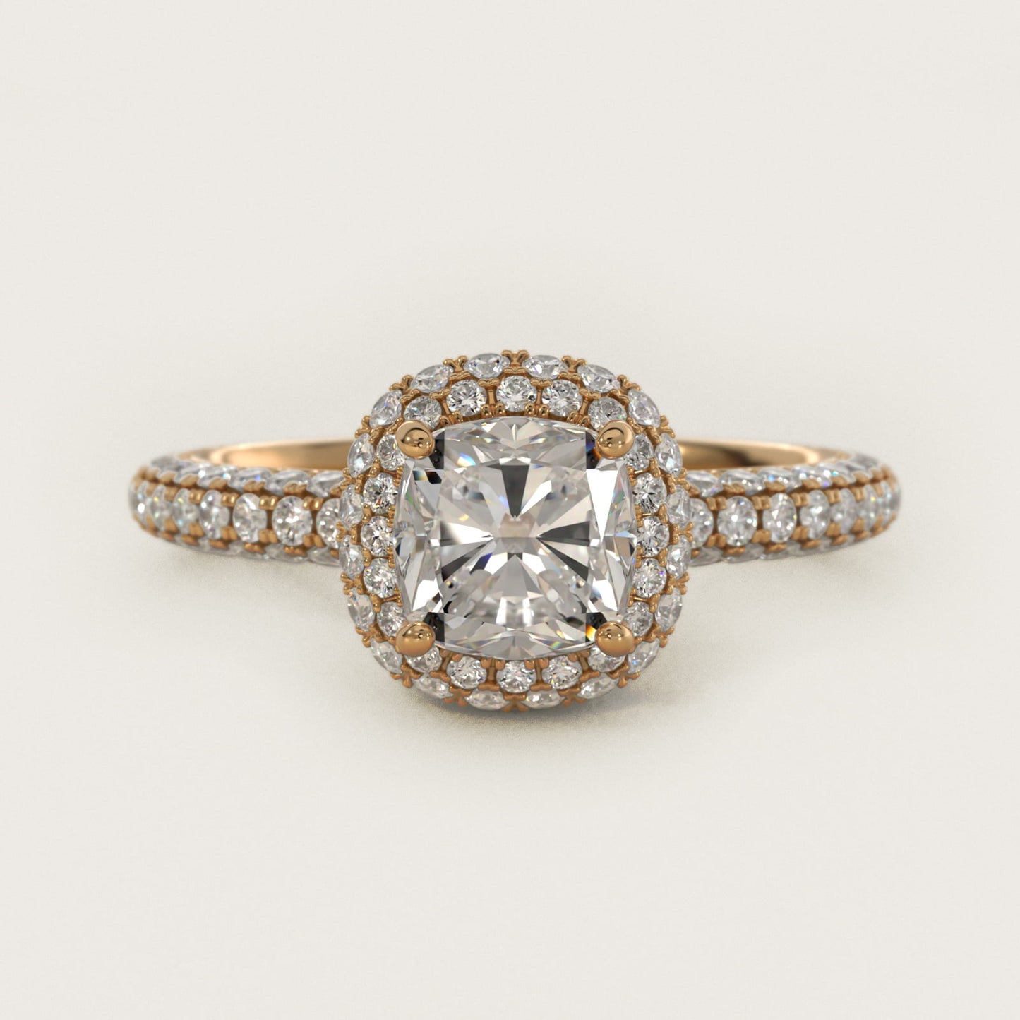 Rollover Halo Diamond Basket and Pav? Shank Engagement Ring in 18k Yellow Gold (7/8 ct. tw.) - Cushion Center
