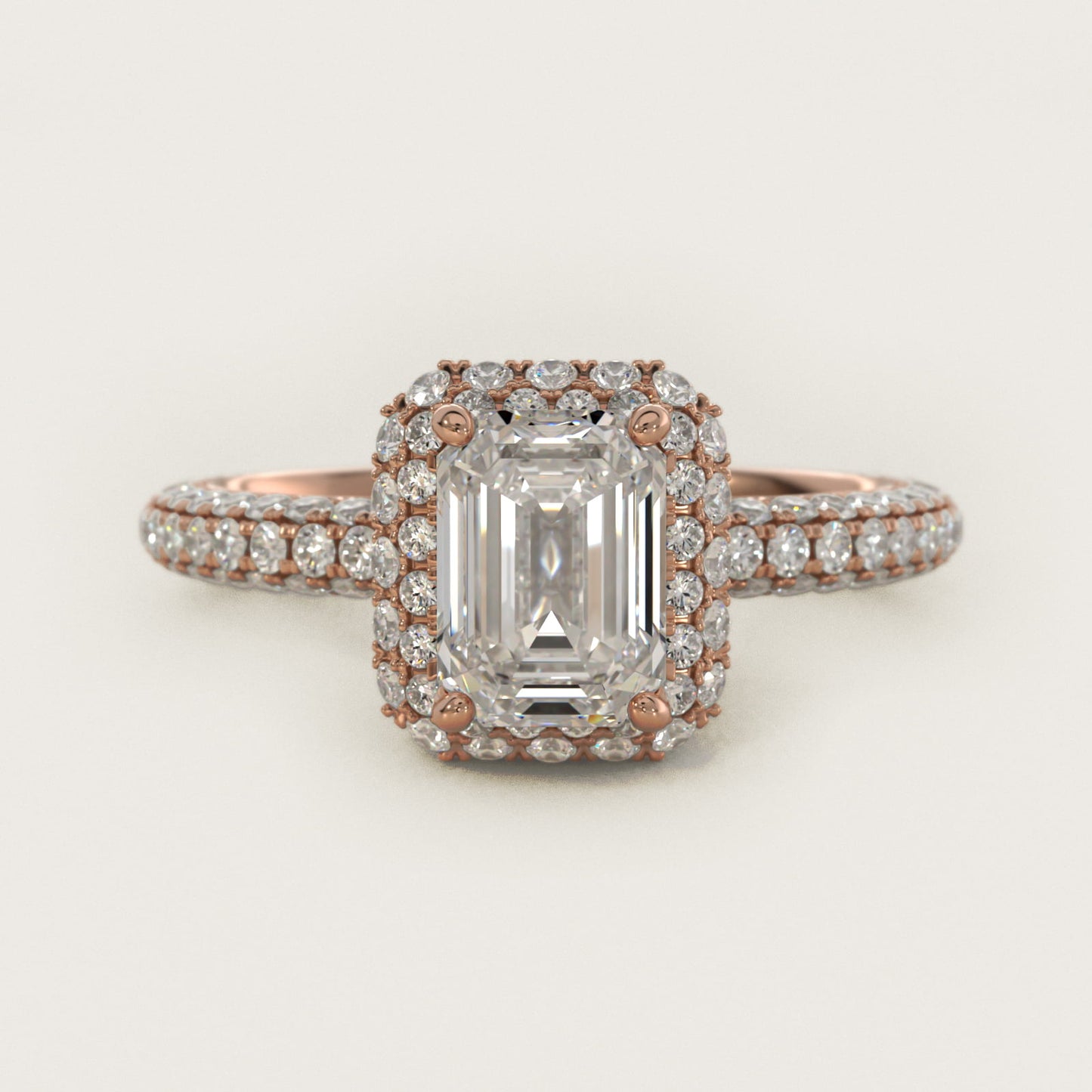 Rollover Halo Diamond Basket and PavŽ Shank Engagement Ring in 14k Rose Gold (7/8 ct. tw.) - Emerald Center