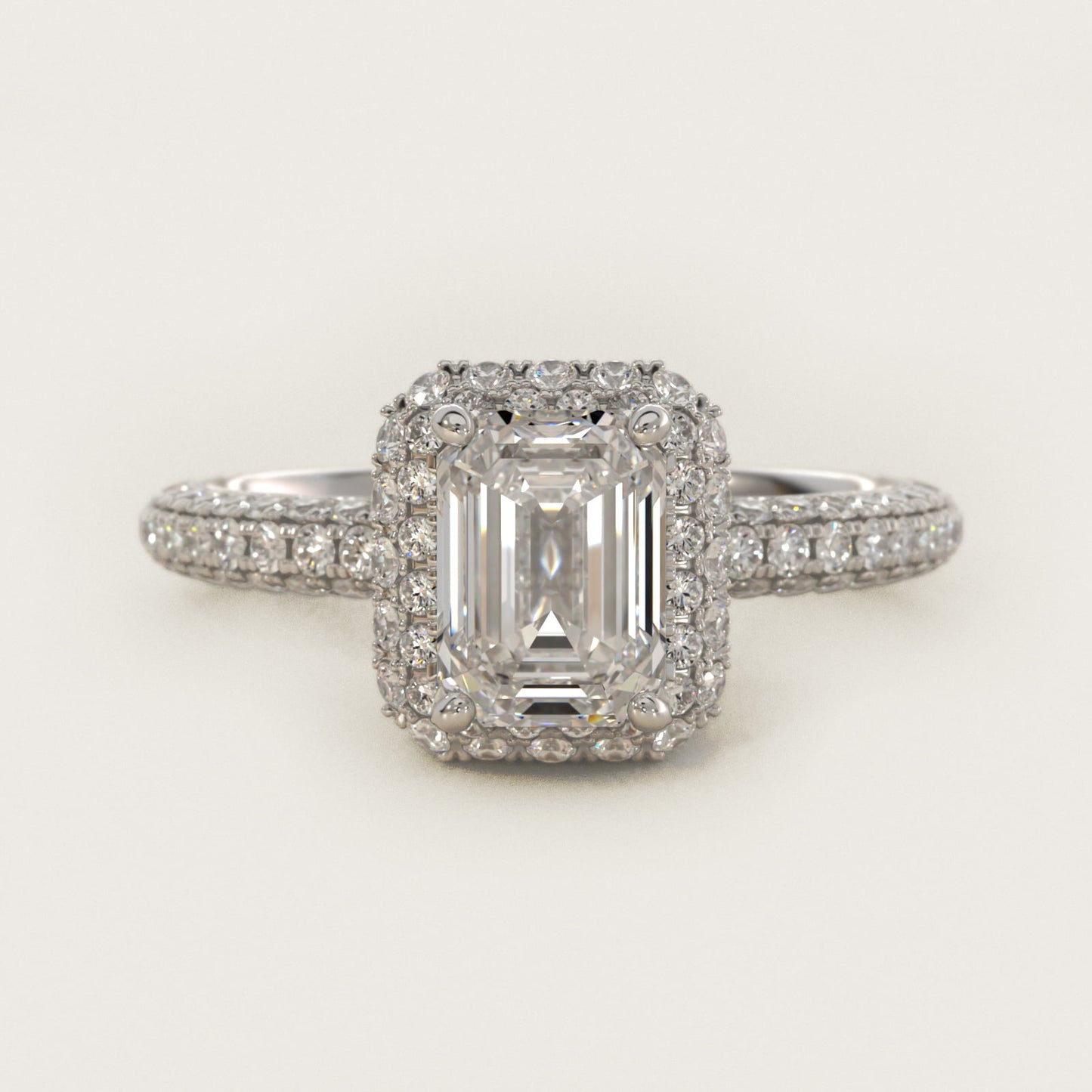 Rollover Halo Diamond Basket and Pav? Shank Engagement Ring in 18k White Gold (7/8 ct. tw.) - Emerald Center