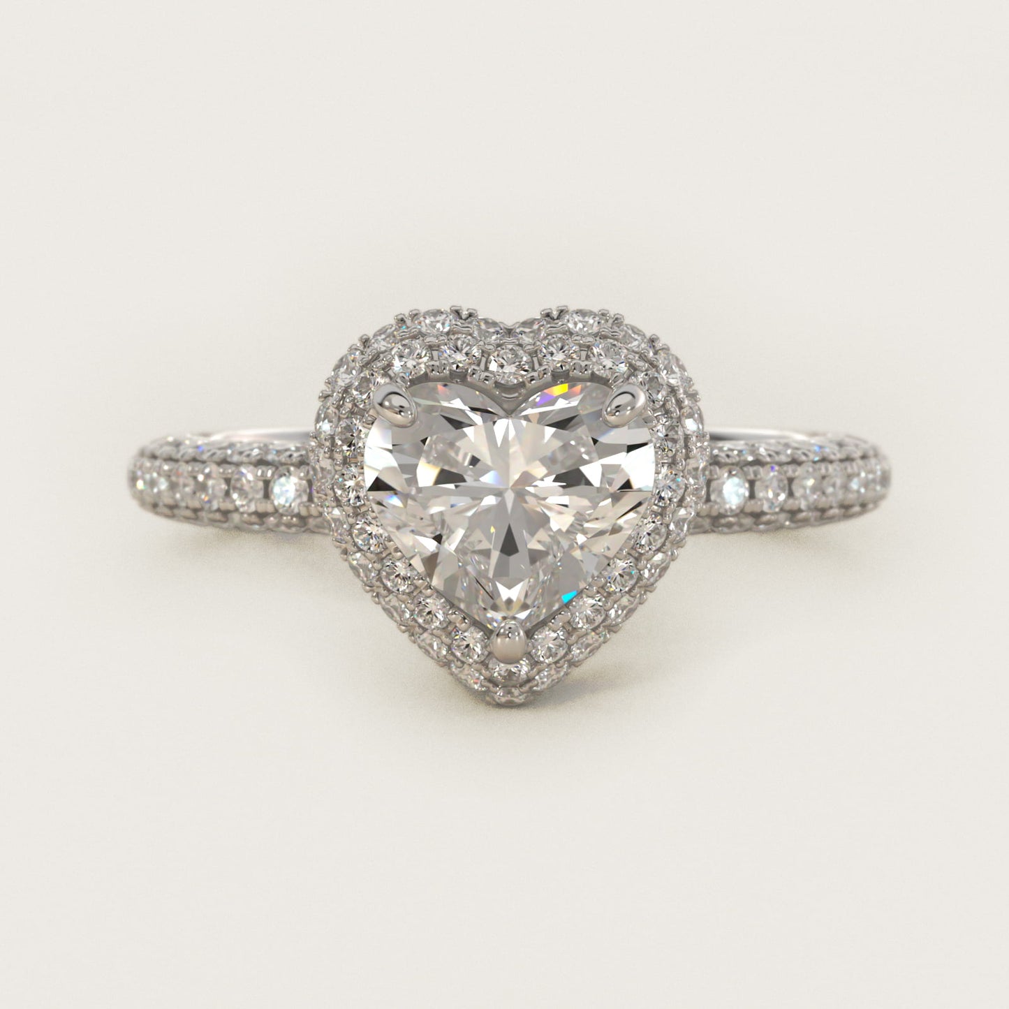 Rollover Halo Diamond Basket and Pav? Shank Engagement Ring in 18k White Gold (7/8 ct. tw.) - Heart Center