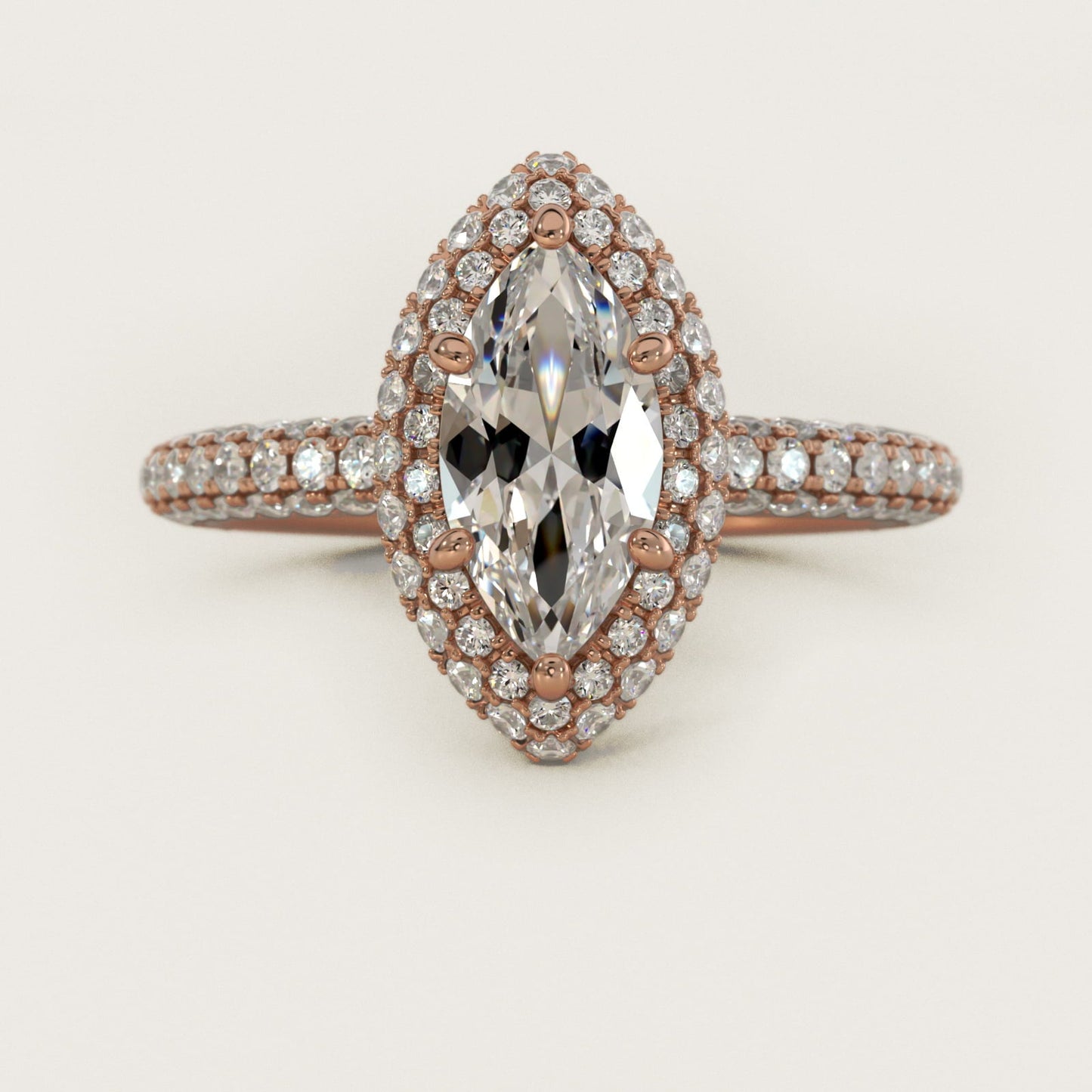 Rollover Halo Diamond Basket Engagement Ring in 18k Rose Gold (3/8 ct. tw) - Marquise Center