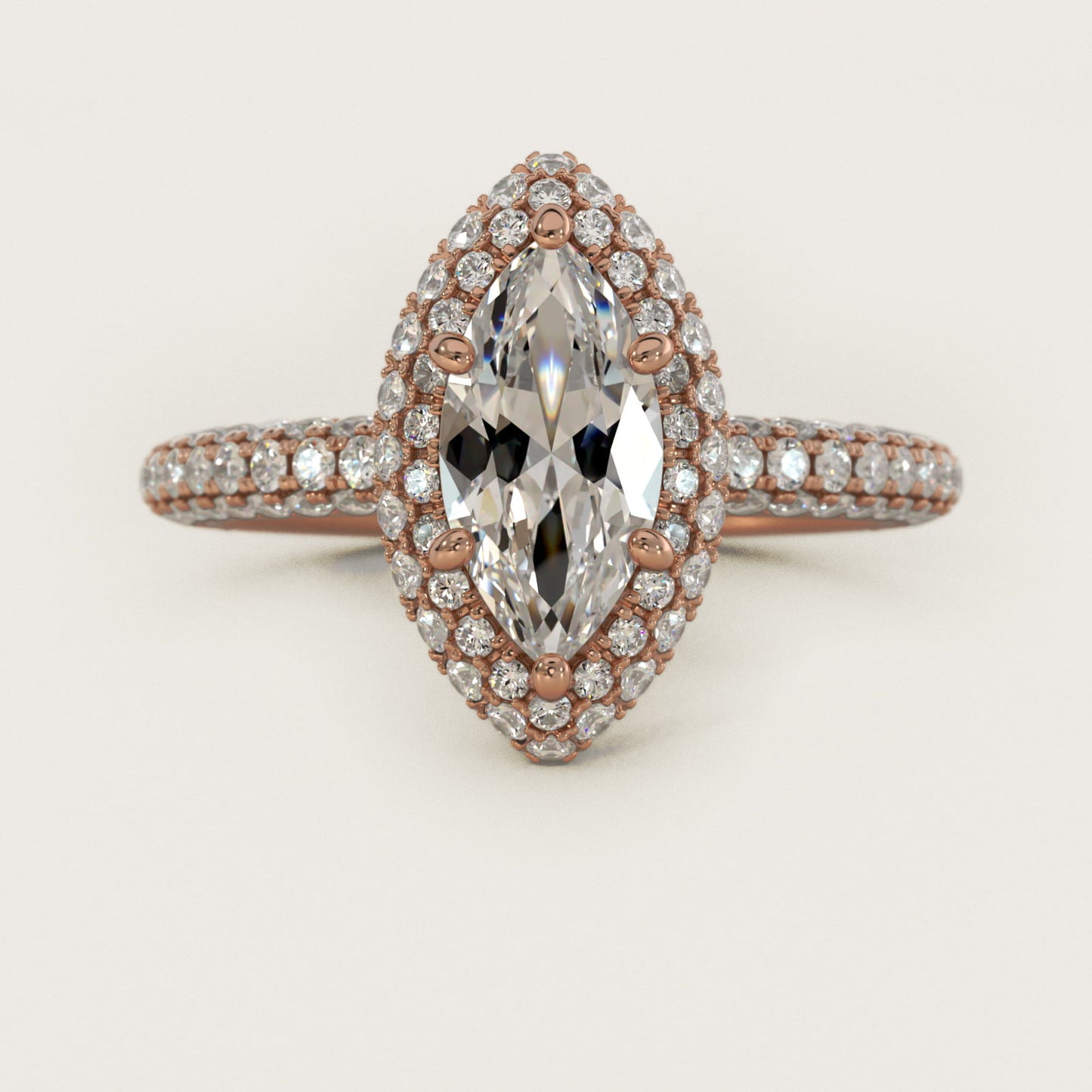 Rollover Halo Diamond Basket and Pav? Shank Engagement Ring in 18k Rose Gold (7/8 ct. tw.) - Marquise Center