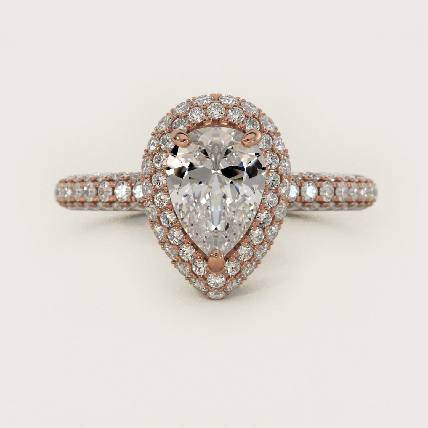 Rollover Halo Diamond Basket and Pav? Shank Engagement Ring in 18k Rose Gold (7/8 ct. tw.) - Pear Center