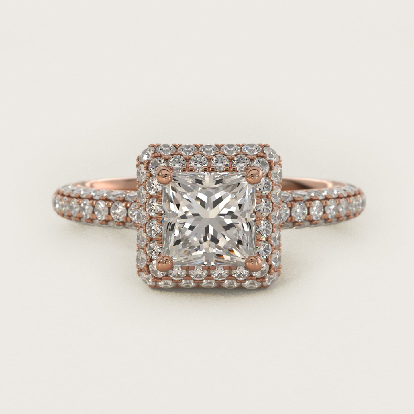 Rollover Halo Diamond Basket and PavŽ Shank Engagement Ring in 14k Rose Gold (7/8 ct. tw.) - Princess Center