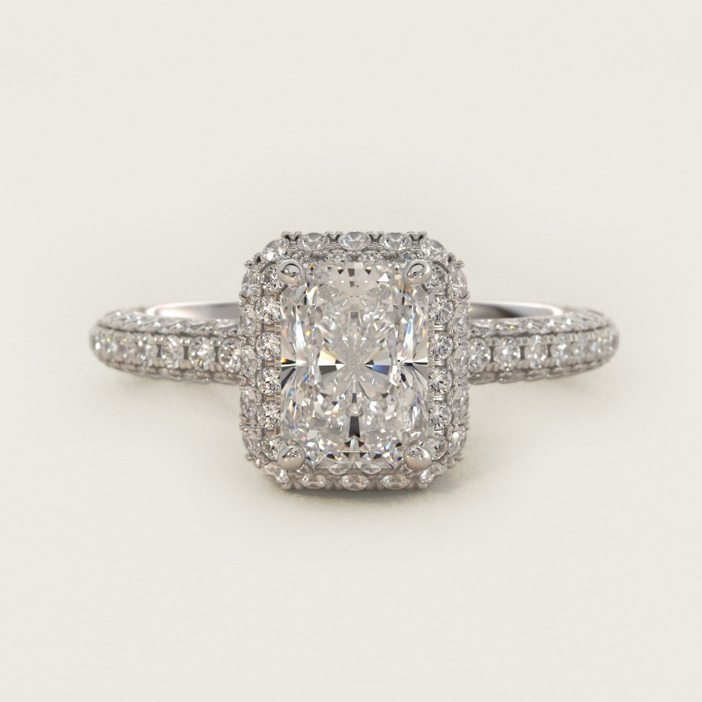Rollover Halo Diamond Basket and PavŽ Shank Engagement Ring in 14k White Gold (7/8 ct. tw.) - Radiant Center