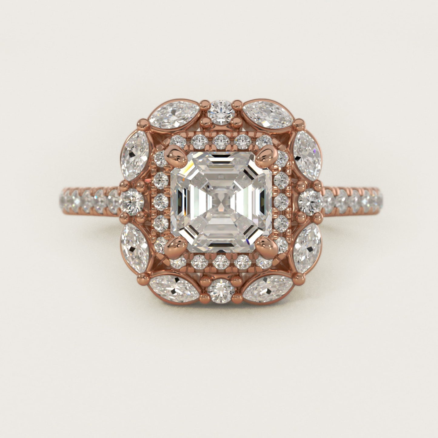 Romantic Diamond Floral Halo Engagement Ring in 18k Rose Gold (1/2 ct. tw.) - Asscher Center