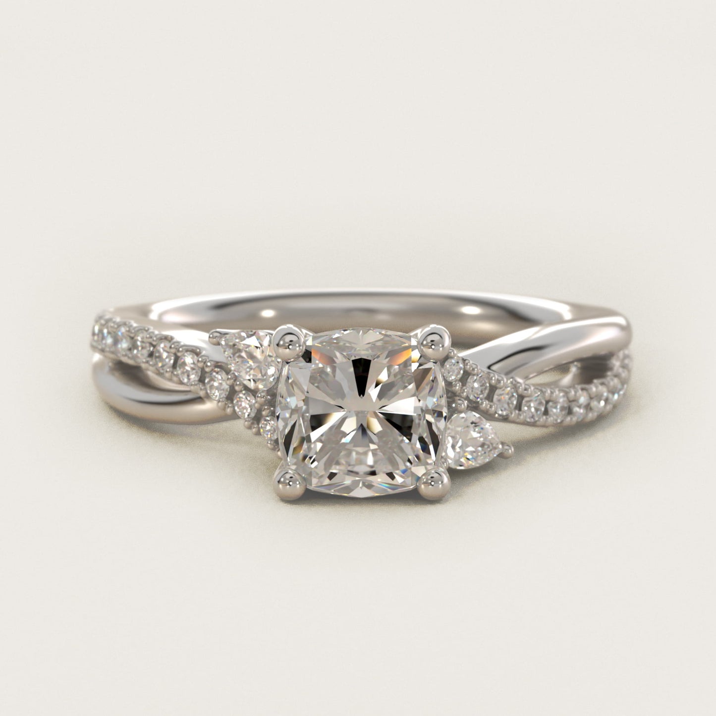 Romantic Diamond Floral Asymmetrical Twist Engagement Ring in 18k White Gold (1/4 ct. tw.) - Cushion Center