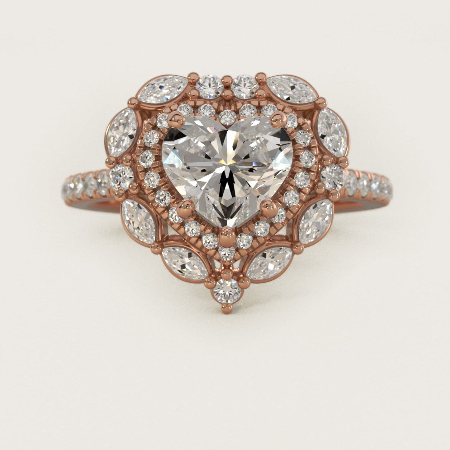 Romantic Diamond Floral Halo Engagement Ring in 14k Rose Gold (1/2 ct. tw.) - Heart Center