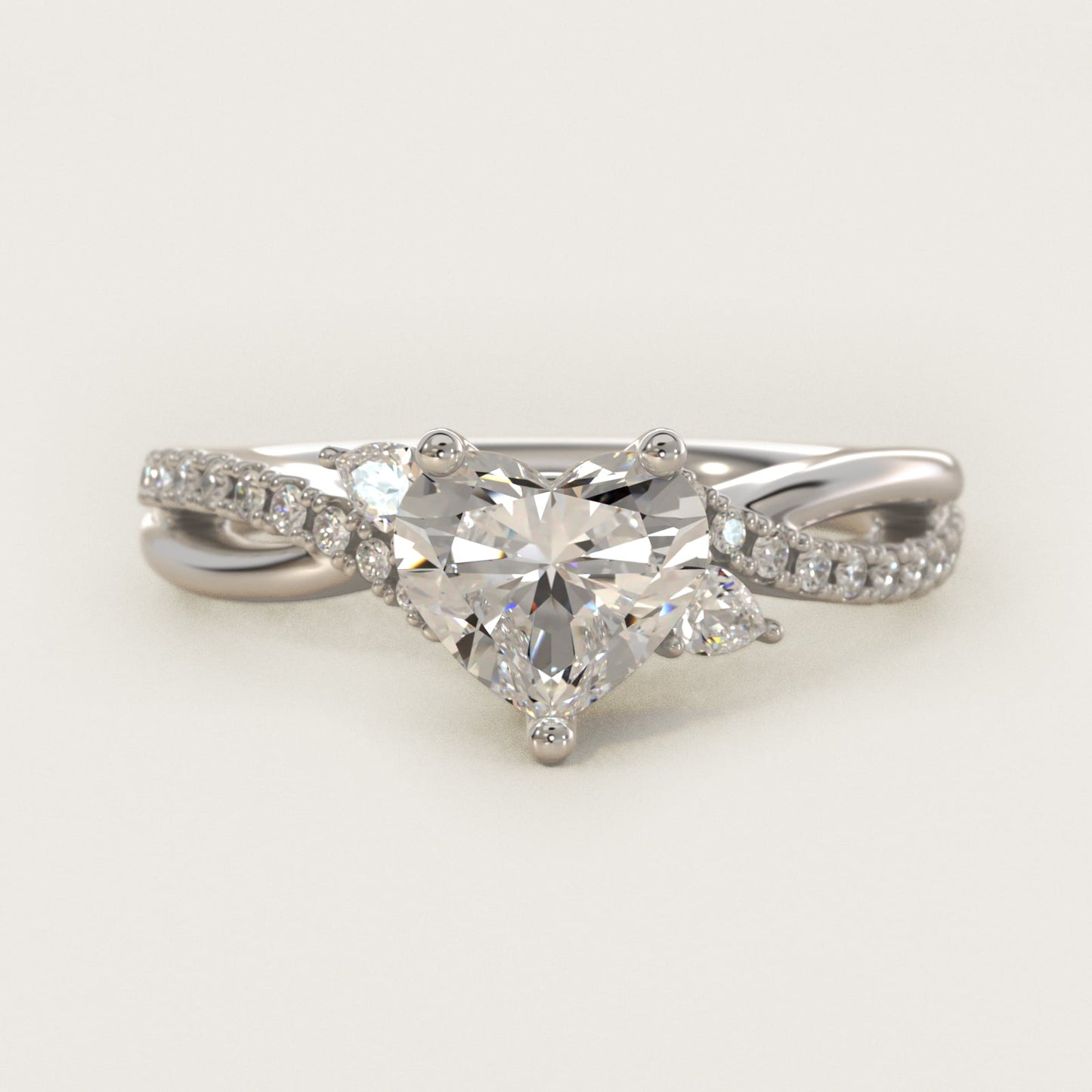 Romantic Diamond Floral Asymmetrical Twist Engagement Ring in 18k White Gold (1/4 ct. tw.) - Heart Center