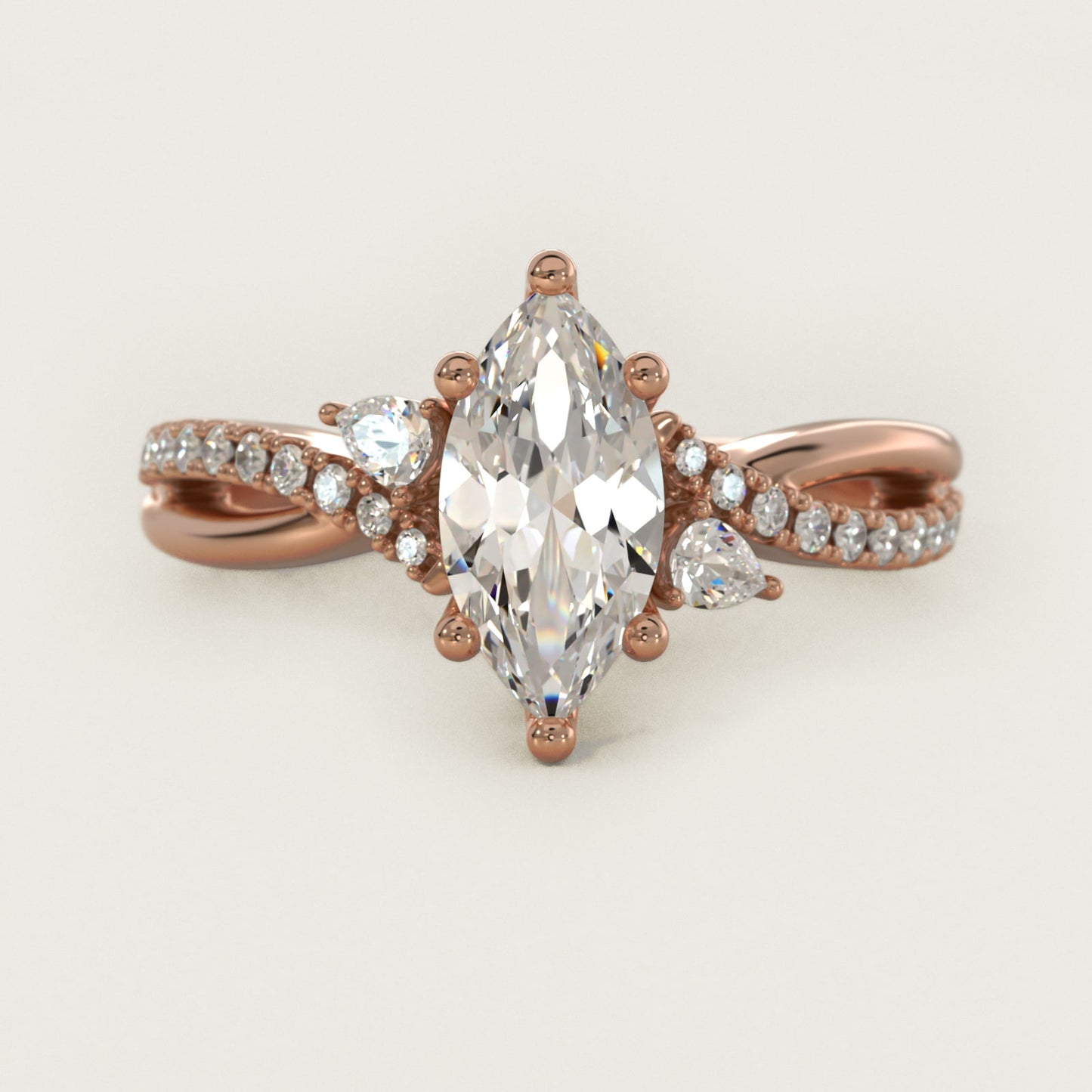 Romantic Diamond Floral Asymmetrical Twist Engagement Ring in 14k Rose Gold (1/4 ct. tw.) - Marquise Center