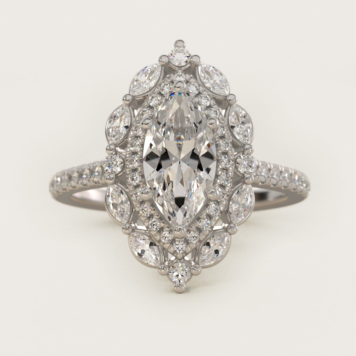 Romantic Diamond Floral Halo Engagement Ring in 18k White Gold (1/2 ct. tw.) - Marquise Center