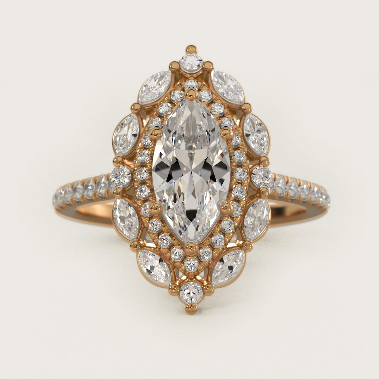 Romantic Diamond Floral Halo Engagement Ring in 18k Yellow Gold (1/2 ct. tw.) - Marquise Center