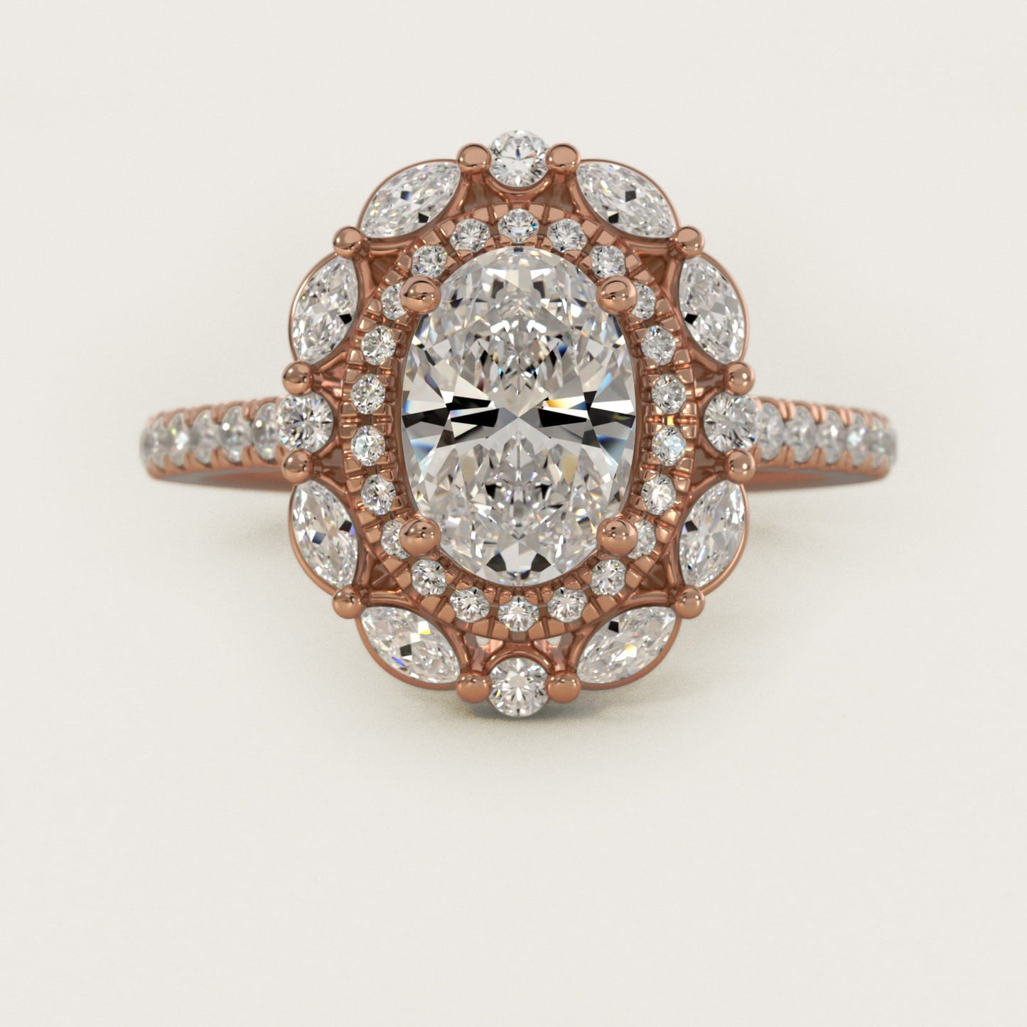 Romantic Diamond Floral Halo Engagement Ring in 14k Rose Gold (1/2 ct. tw.) - Oval Center