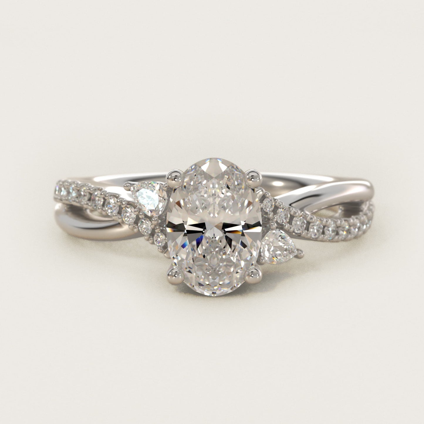 Romantic Diamond Floral Asymmetrical Twist Engagement Ring in 18k White Gold (1/4 ct. tw.) - Oval Center