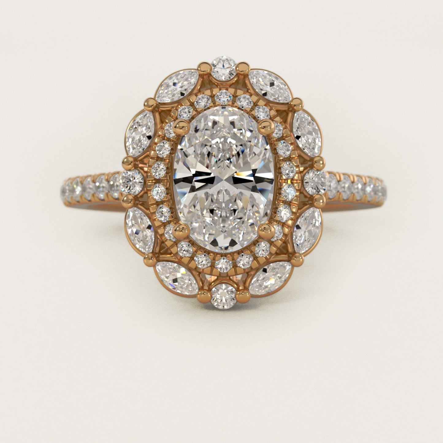 Romantic Diamond Floral Halo Engagement Ring in 14k Yellow Gold (1/2 ct. tw.) - Oval Center