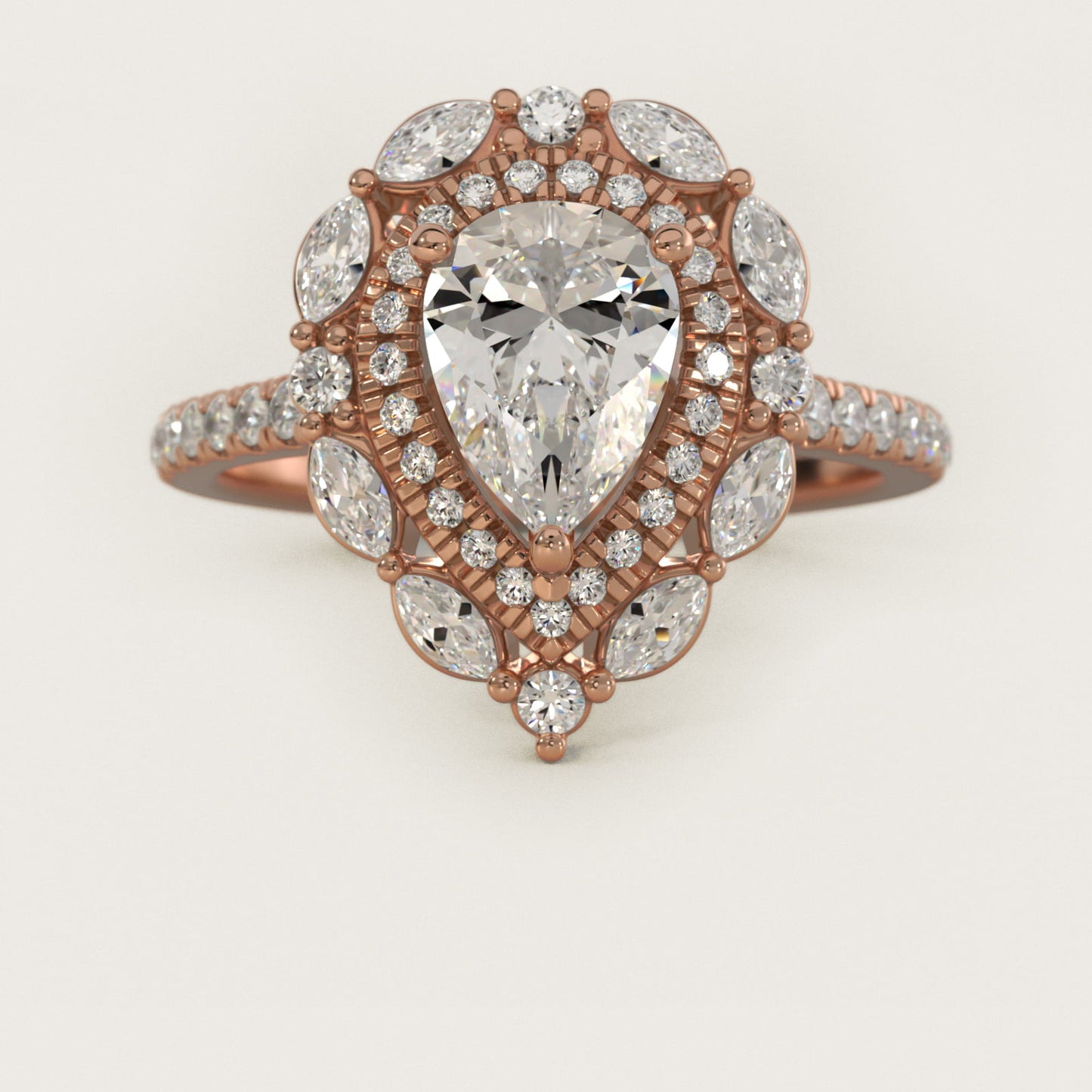 Romantic Diamond Floral Halo Engagement Ring in 14k Rose Gold (1/2 ct. tw.) - Pear Center