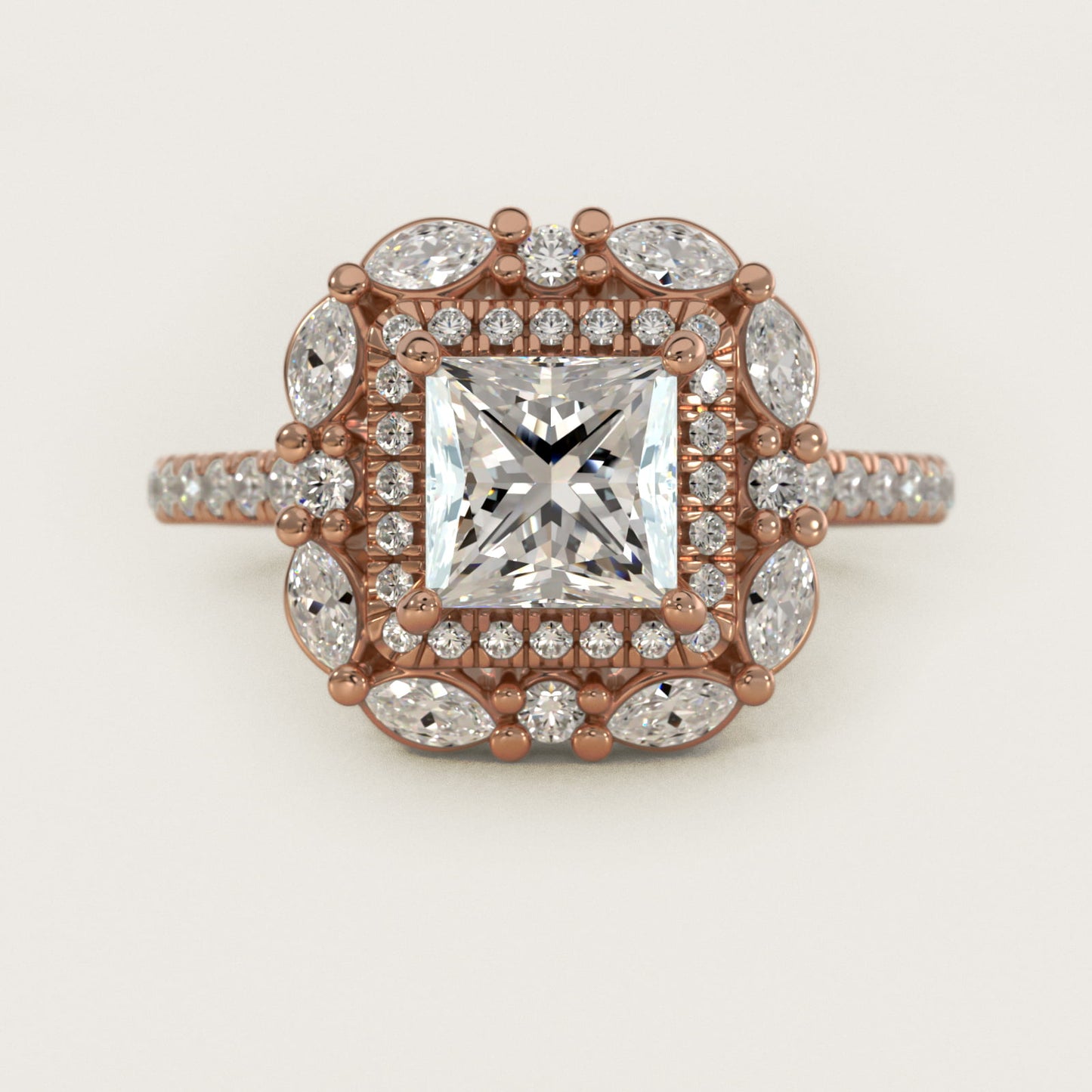 Romantic Diamond Floral Halo Engagement Ring in 14k Rose Gold (1/2 ct. tw.) - Princess Center