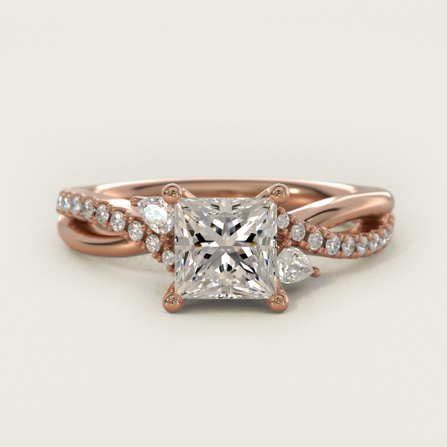 Romantic Diamond Floral Asymmetrical Twist Engagement Ring in 18k Rose Gold (1/4 ct. tw.) - Princess Center