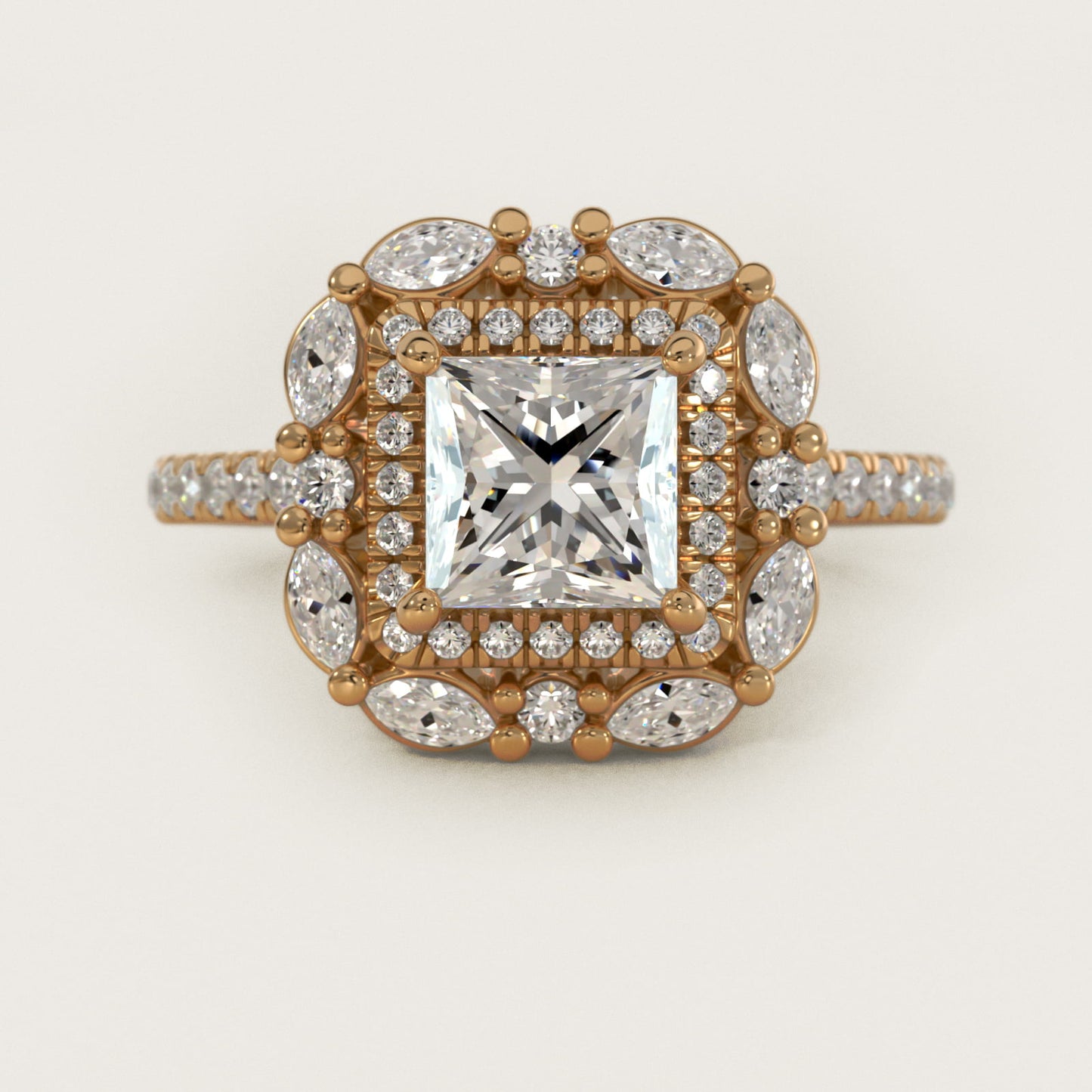 Romantic Diamond Floral Halo Engagement Ring in 14k Yellow Gold (1/2 ct. tw.) - Princess Center
