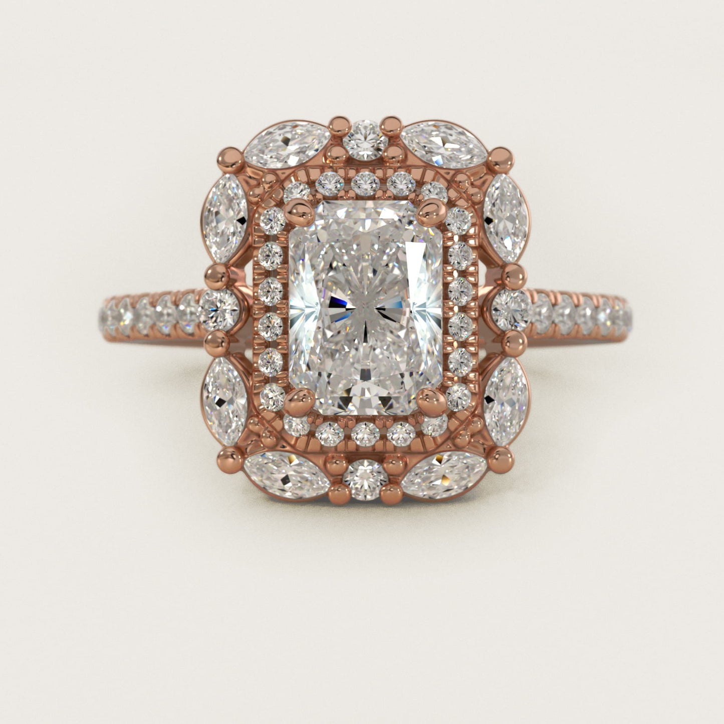 Romantic Diamond Floral Halo Engagement Ring in 18k Rose Gold (1/2 ct. tw.) - Radiant Center