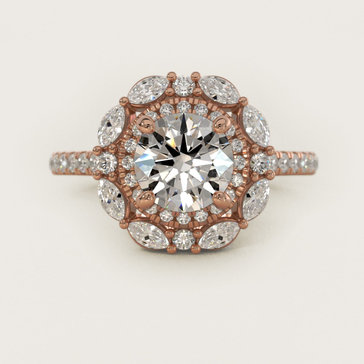 Romantic Diamond Floral Halo Engagement Ring in 14k Rose Gold (1/2 ct. tw.) - Round Center