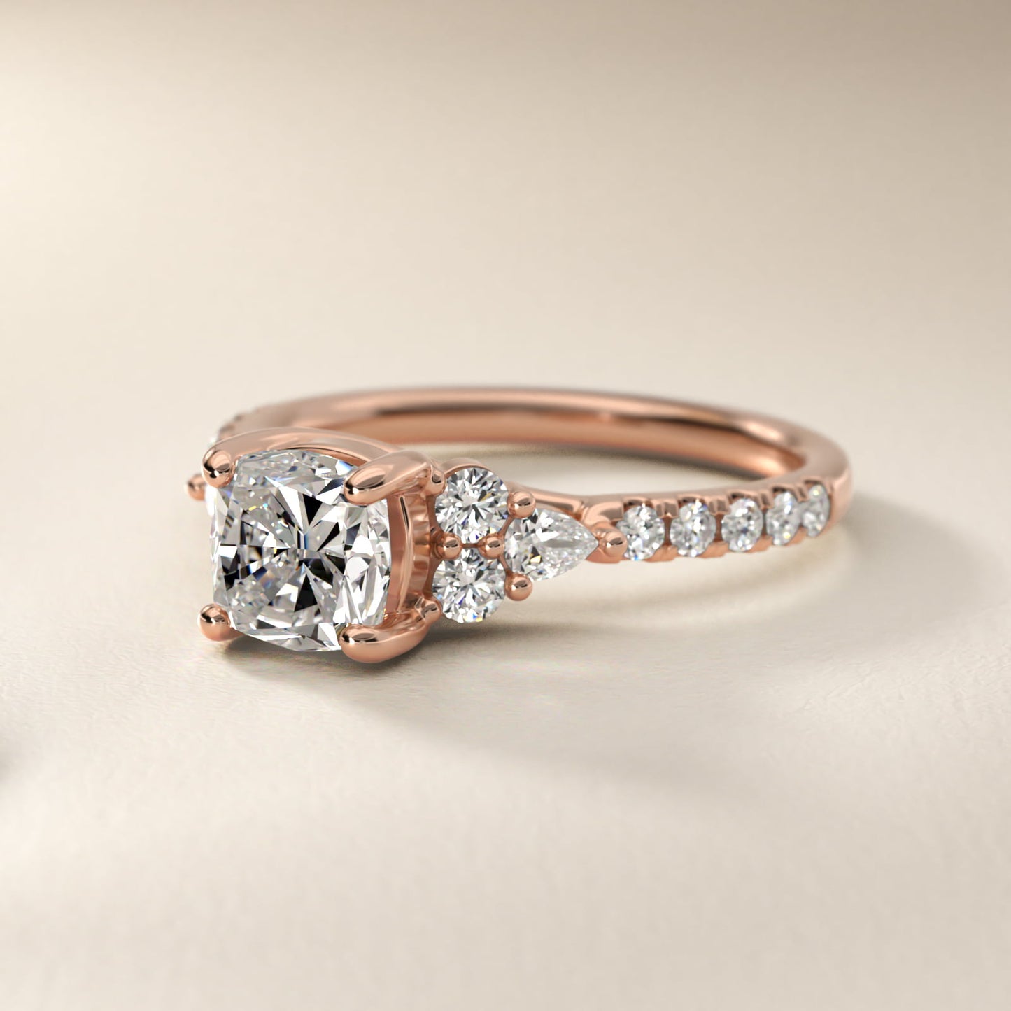 Romantic Round and Pear Cluster Diamond Engagement Ring in 14k Rose Gold (1/3 ct. tw.) - Cushion Center