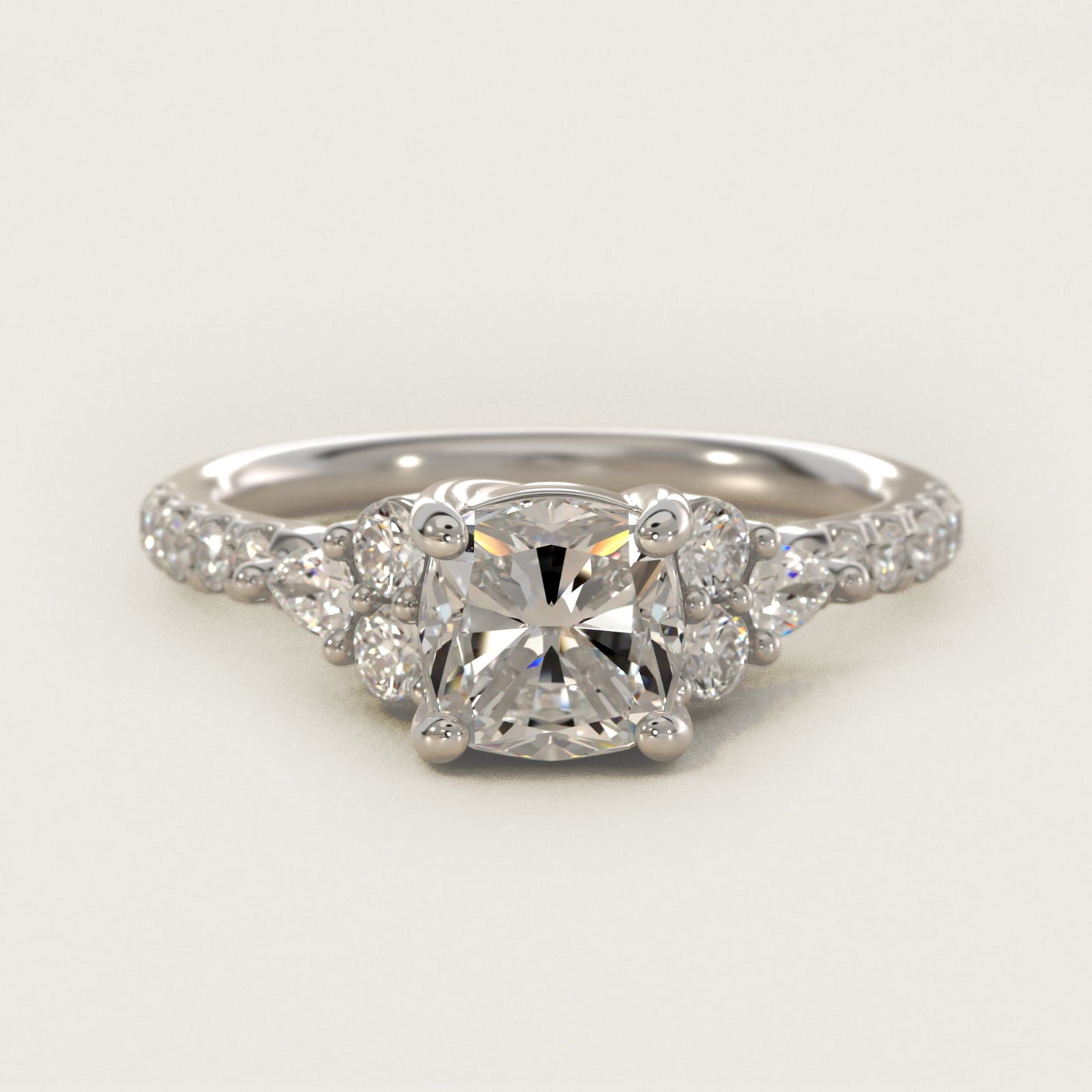 Romantic Round and Pear Cluster Diamond Engagement Ring in 14k White Gold (1/3 ct. tw.) - Cushion Center