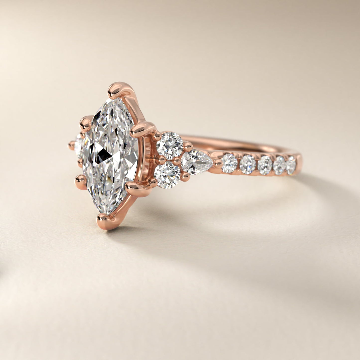 Romantic Round and Pear Cluster Diamond Engagement Ring in 14k Rose Gold (1/3 ct. tw.) - Marquise Center