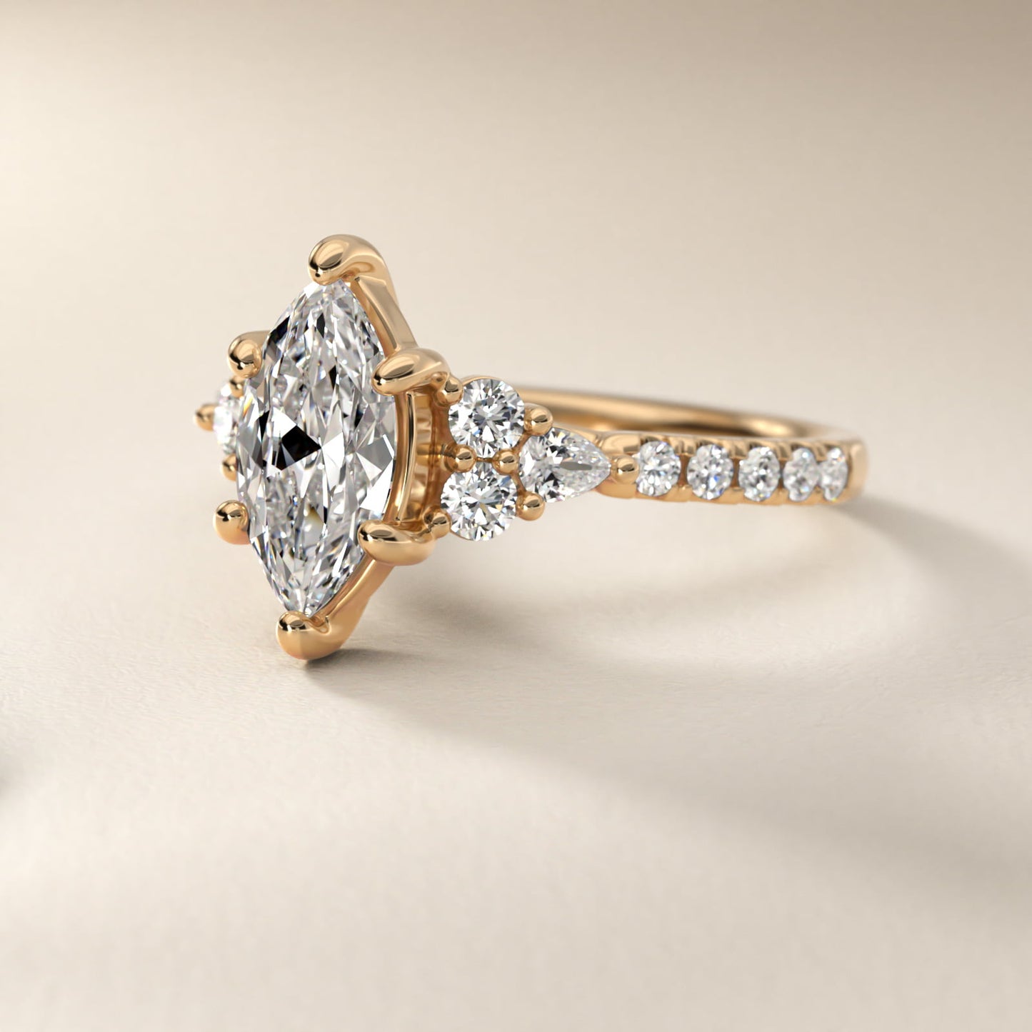Romantic Round and Pear Cluster Diamond Engagement Ring in 18k Yellow Gold (1/3 ct. tw.) - Marquise Center