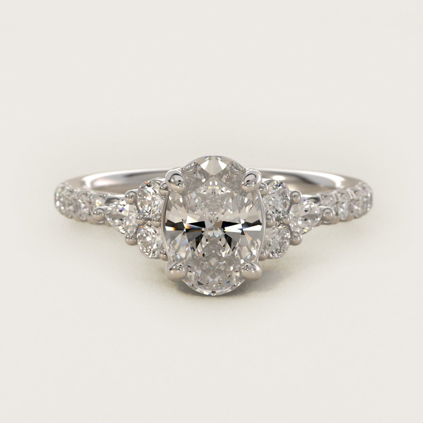 Romantic Round and Pear Cluster Diamond Engagement Ring in 14k White Gold (1/3 ct. tw.) - Oval Center
