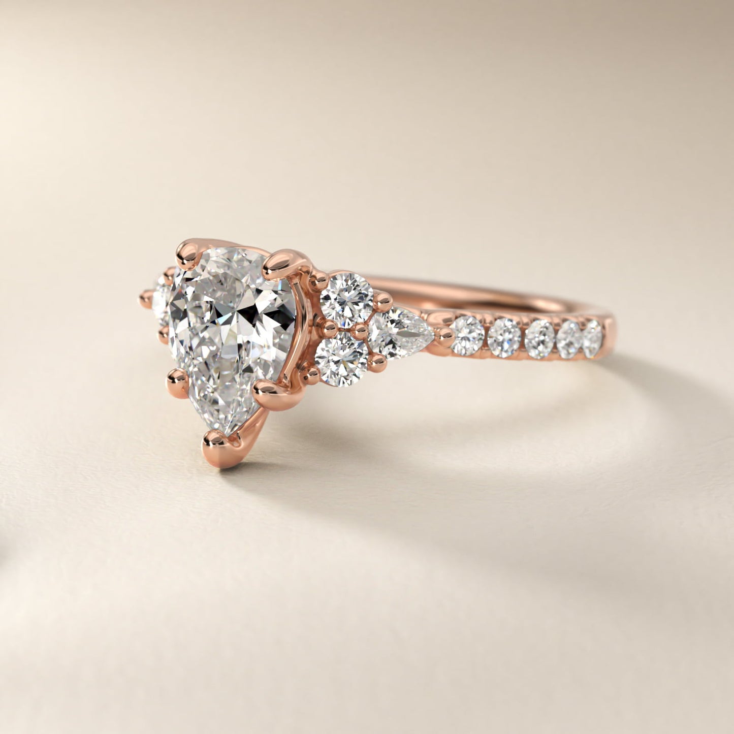 Romantic Round and Pear Cluster Diamond Engagement Ring in 14k Rose Gold (1/3 ct. tw.) - Pear Center