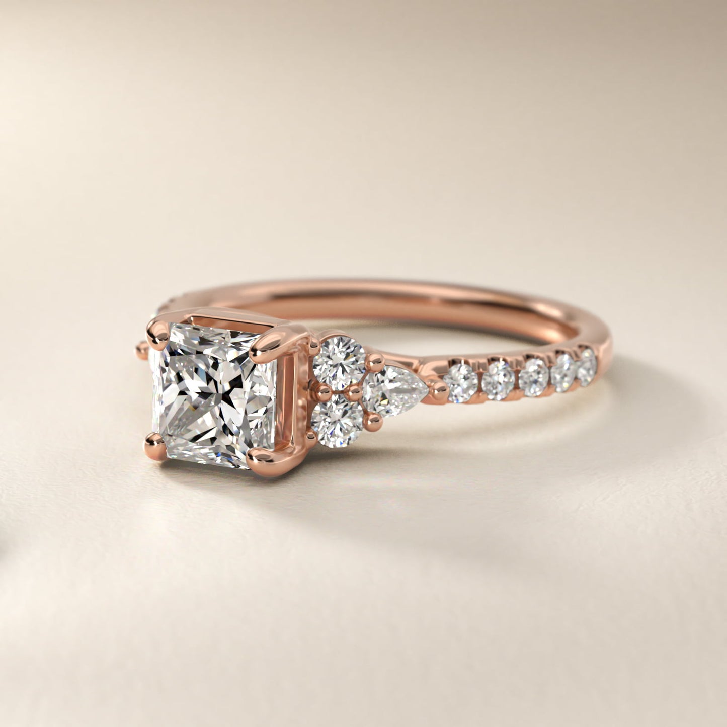 Romantic Round and Pear Cluster Diamond Engagement Ring in 18k Rose Gold (1/3 ct. tw.) - Princess Center