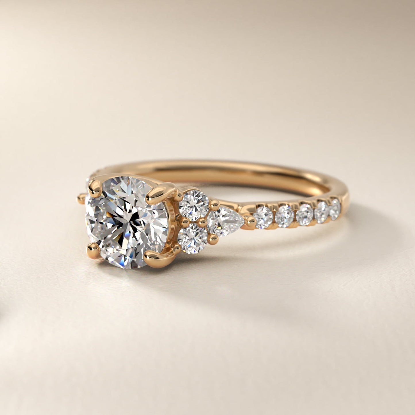 Romantic Round and Pear Cluster Diamond Engagement Ring in 18k Yellow Gold (1/3 ct. tw.) - Round Center