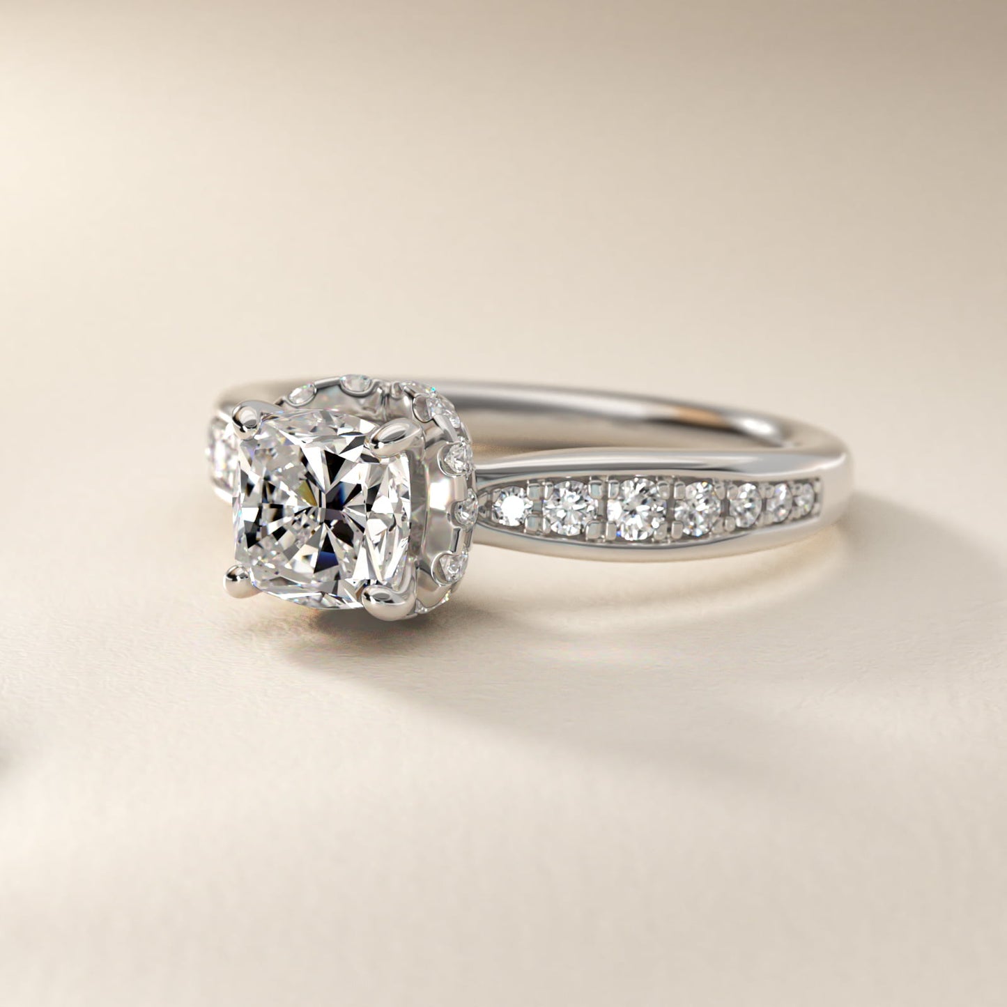 Romantic Six Prong Hidden Halo Diamond Engagement Ring in 14k White Gold (1/5 ct. tw.) - Cushion Center