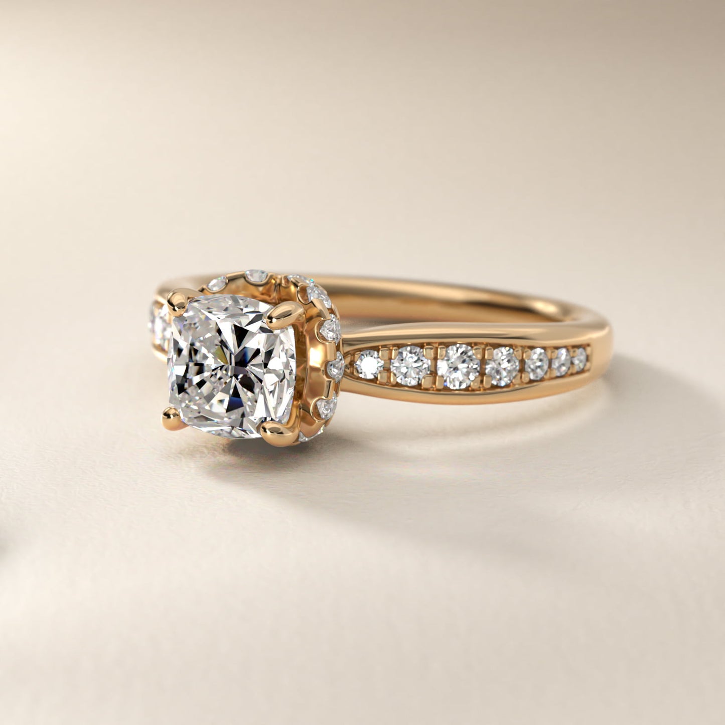 Romantic Six Prong Hidden Halo Diamond Engagement Ring in 18k Yellow Gold (1/5 ct. tw.) - Cushion Center