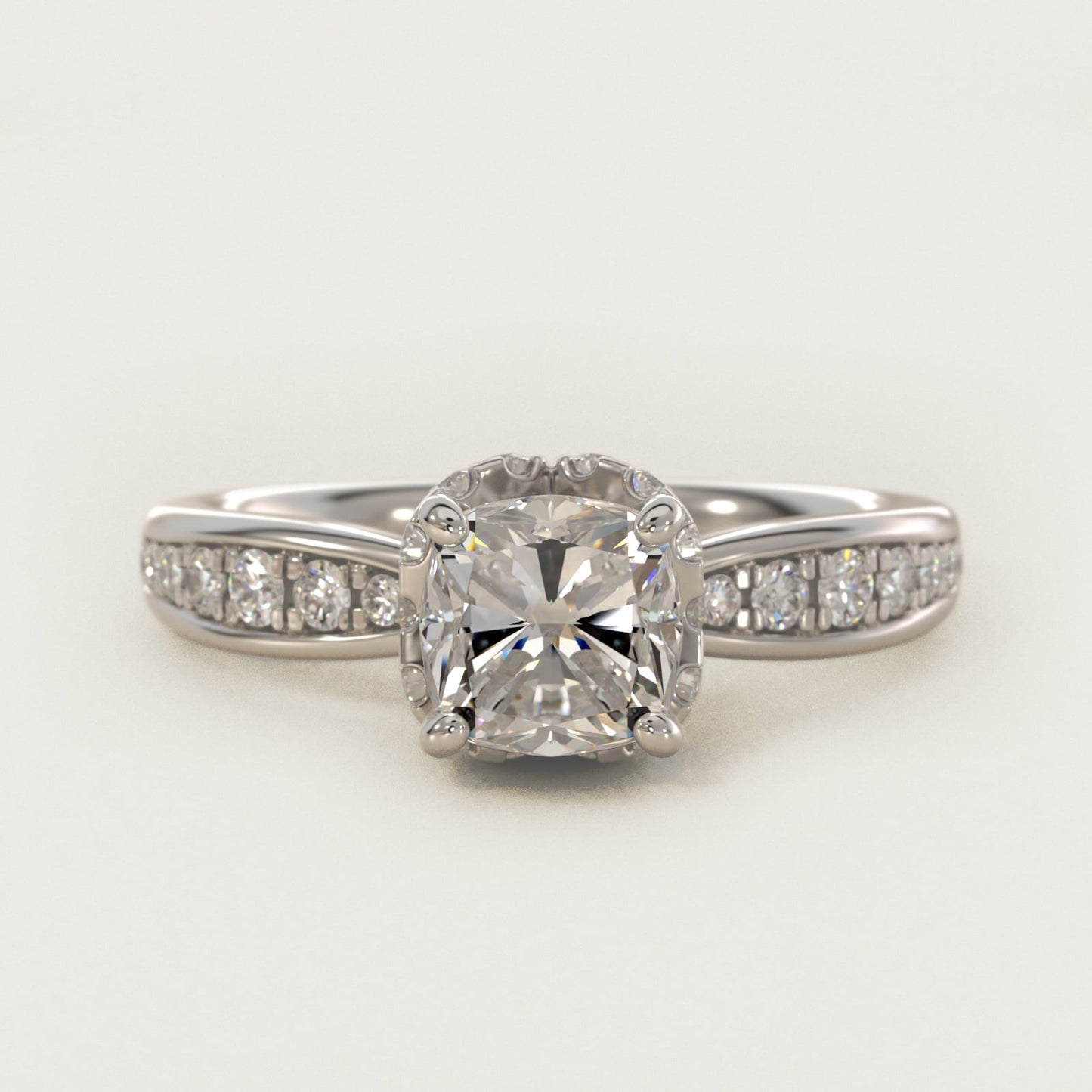 Romantic Six Prong Hidden Halo Diamond Engagement Ring in Platinum (1/5 ct. tw.) - Cushion Center