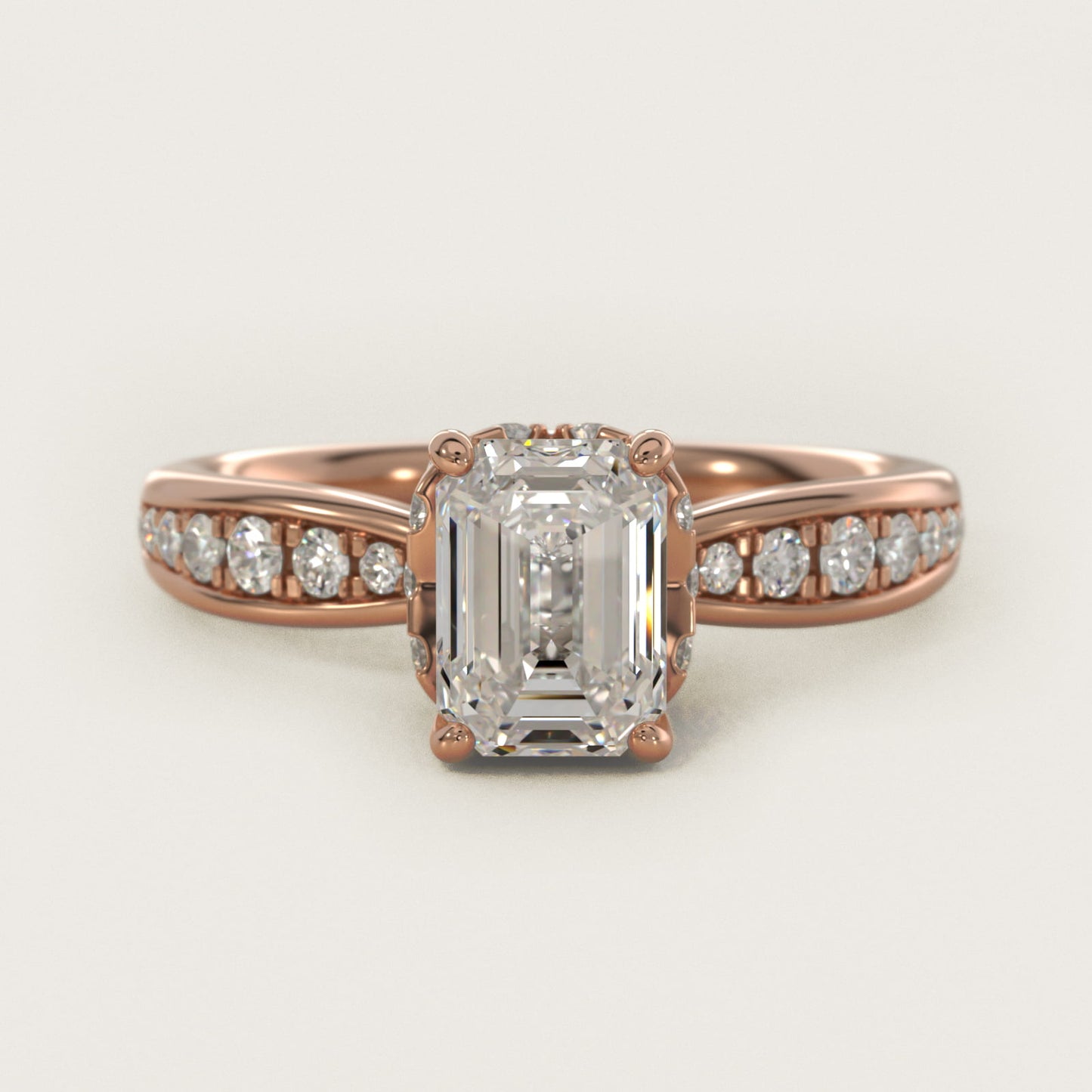 Romantic Six Prong Hidden Halo Diamond Engagement Ring in 18k Rose Gold (1/5 ct. tw.) - Emerald Center