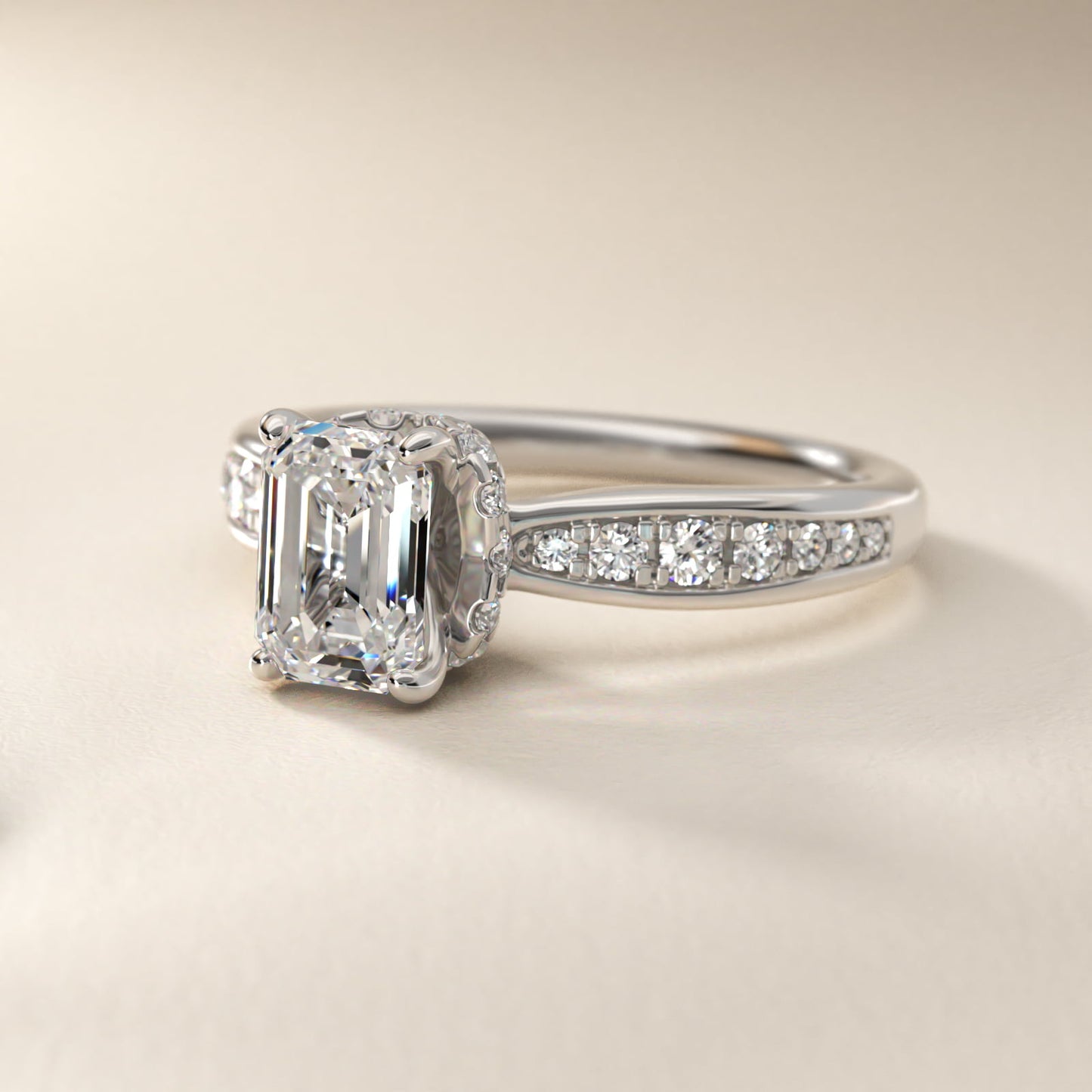 Romantic Six Prong Hidden Halo Diamond Engagement Ring in 18k White Gold (1/5 ct. tw.) - Emerald Center